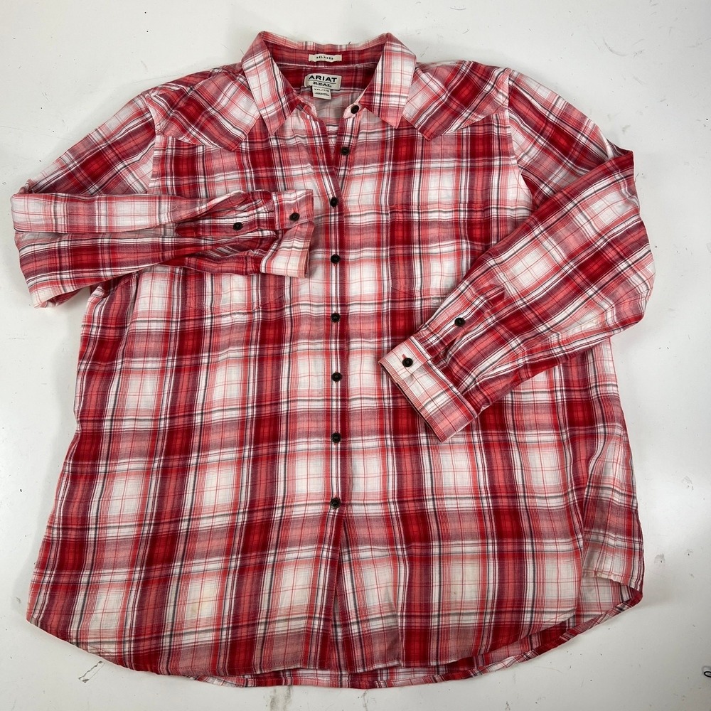 ARIAT Real Red White Real Long Sleeve Plaid‎ Western Shirt XXL